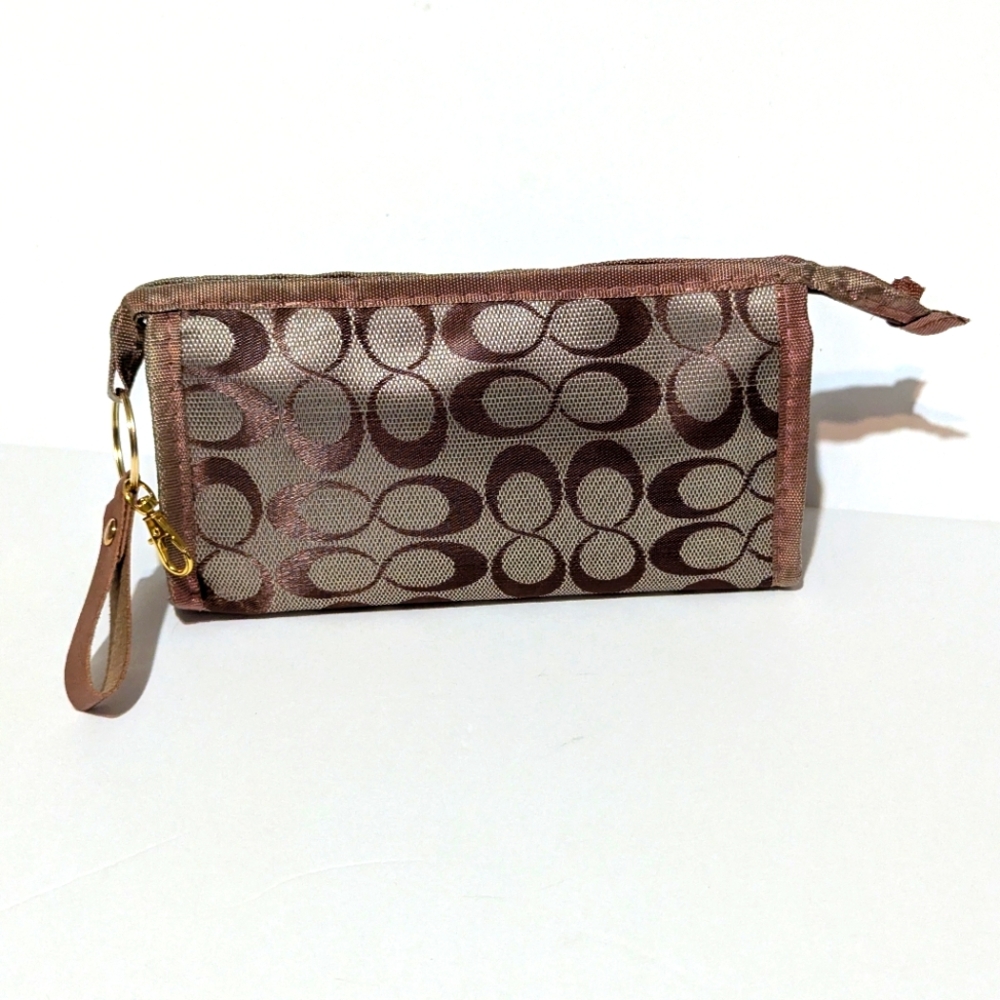 Brown Fashion Infinity Patterned Nylon Cosmetic Bag W/ Detachable Keychain NWOT